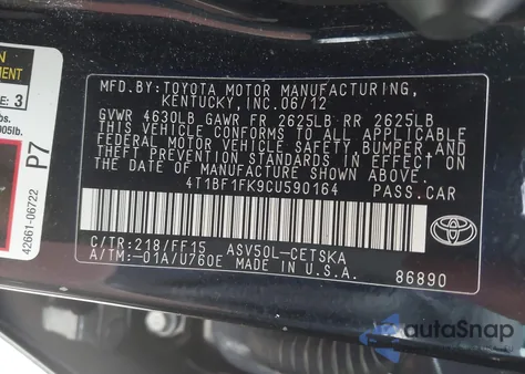 2012 Toyota Camry Se from USA, damaged, VIN 4T1BF1FK9CU590164
